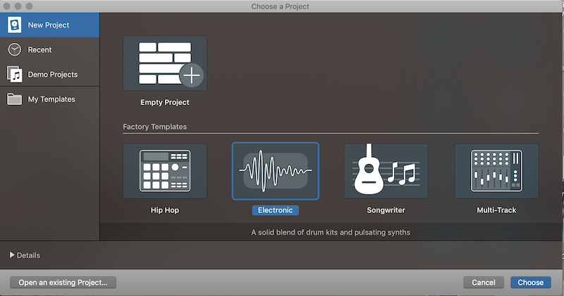 Logic Pro Open new Project