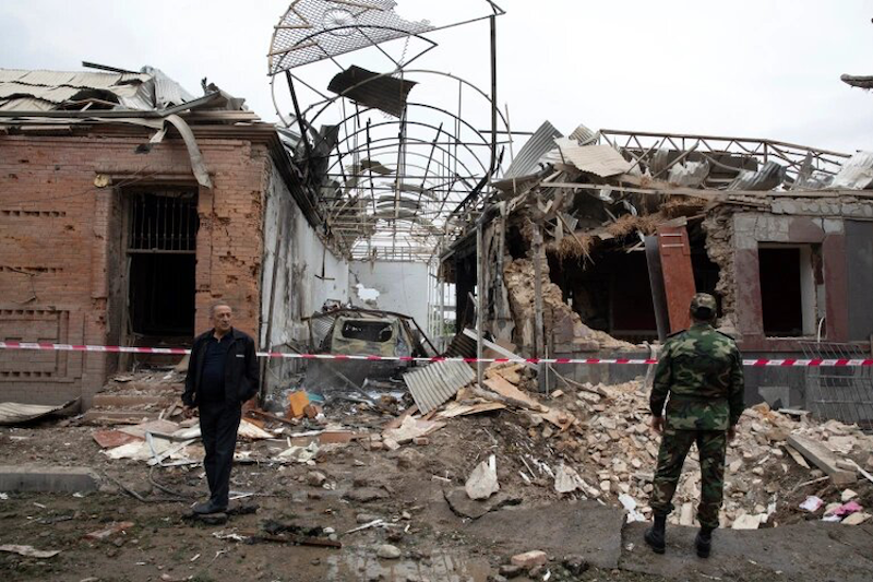 Destroyed buildings in a residential area in Ganja