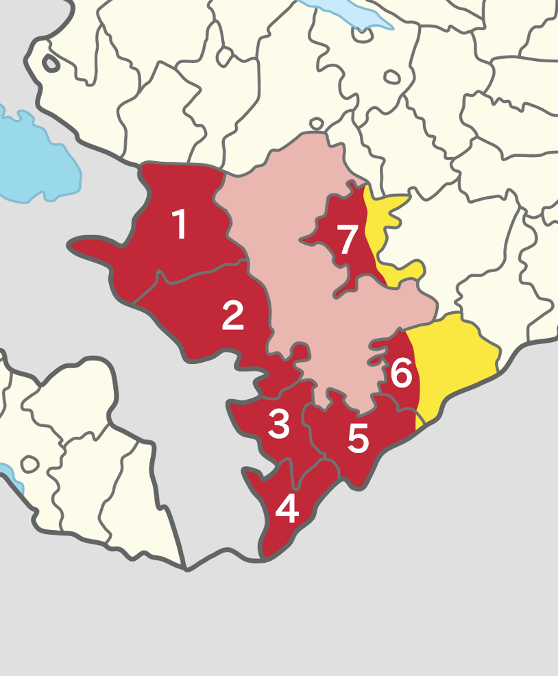 Map of the Armenian occupied districts between 1994-2020. The former NKAO is shown in pink and pre-2020 Azerbaijani-held territory in yellow. 1. Kalbajar 2. Lachin 3. Qubadli 4. Zangilan 5. Jabrayil 6. Fuzuli 7. Agdam