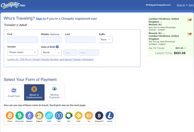 Cheap.Air.com booking a flight cryptocurrencies