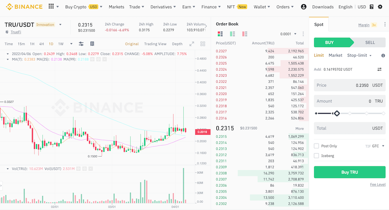 Buy TrueFi Binance trade