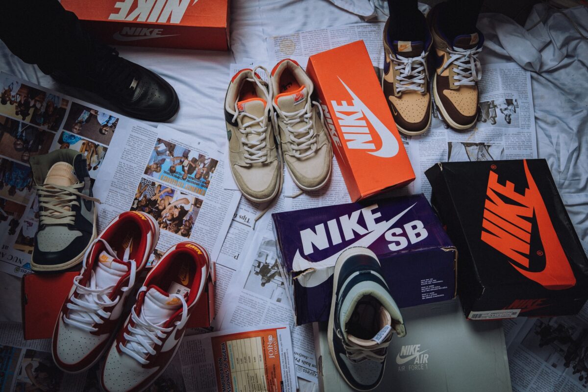 Nike sneakers and apparel on display, as the company's stock hits an 11-year low and becomes the worst performer in the Dow Jones this year.