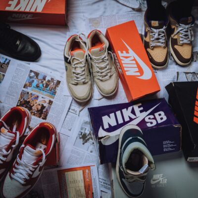 Nike sneakers and apparel on display, as the company's stock hits an 11-year low and becomes the worst performer in the Dow Jones this year.